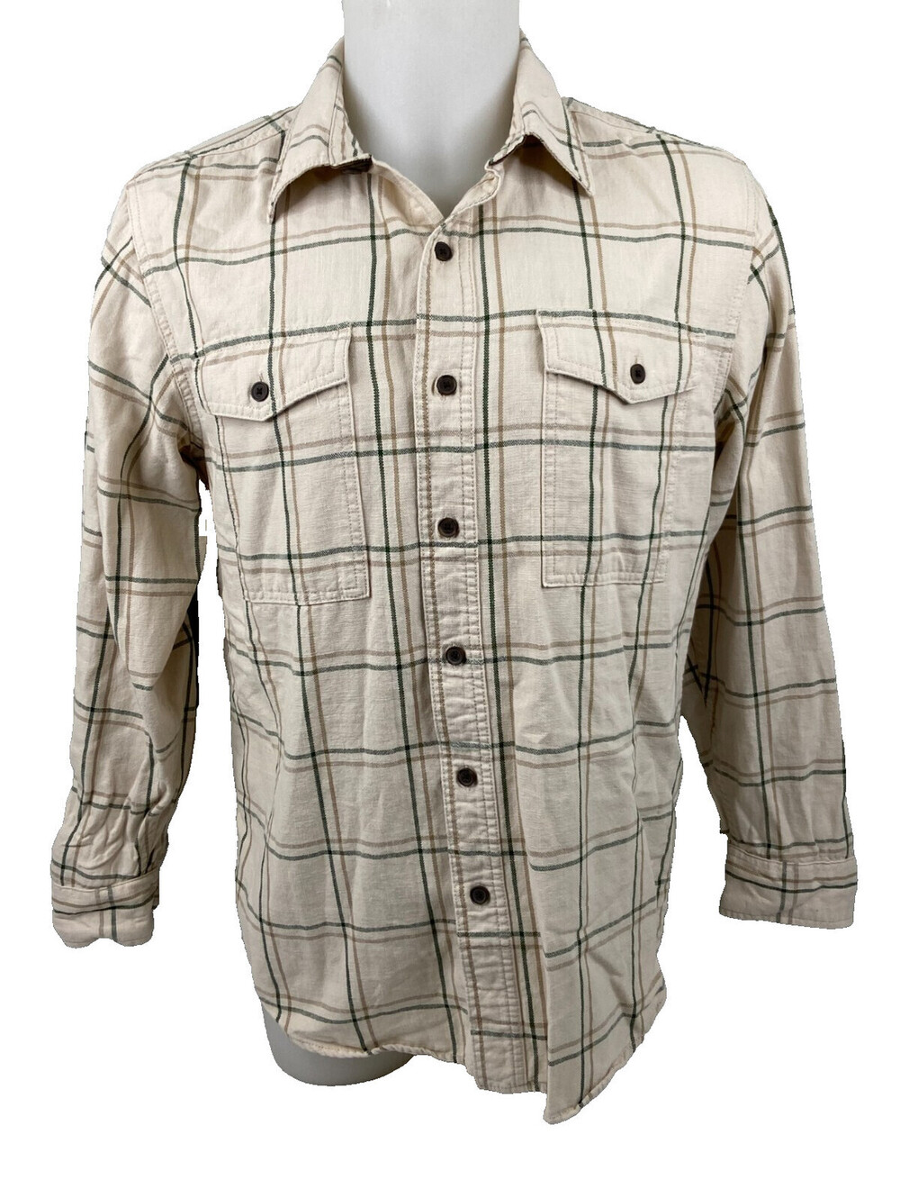 Ridgecut Toughwear Men Medium Beige Plaid Button Front Shirt Elbow Patch Casual